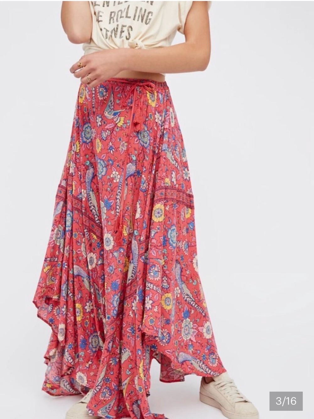 Spell Red Floral Maxi Skirt with Multicolor Floral Motif Sz sm - Picture 3 of 7